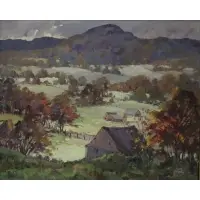 Jack Young, Landscape with barns, Oil on canvas