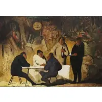 Andres Escartin, Dinner scene, Oil on board with collage