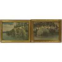 Pair of landscapes with willow trees at Roger Williams park by Mihran Kevork Serailian, Oil on board, sold Jul 2023
