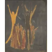 Mary Lohan, Abstract figures around fire, Oil on canvas