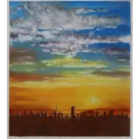 Paul Wonner, City skyline at sunset, Acrylic on paper