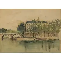 Guy de Neyrac, View of ÎLe Saint-Louis, river with buildings and trees, Watercolor on paper