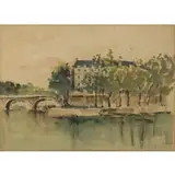 Guy de Neyrac, View of ÎLe Saint-Louis, river with buildings and trees, Watercolor on paper