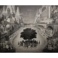 Alexander Leydenfrost, Colonials Around a Tree Surrounded by Industrial Progress, Chalk with white gouache on board