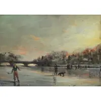 Peter Layne Arguimbau, Pond Hockey in Darien, Oil on board