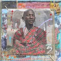 Arno Elias, Nicely packaged in a shadow box style acrylic frame, Mixed Media collage on paper laid on board with embellished photograph