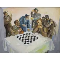 Saul Raskin, Checkers Game, Oil on canvas-board