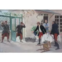 Émile Brisset, French Soldiers Called Away at Mealtime, Oil on panel