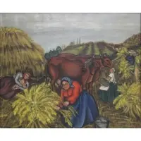 Stella Drabkin, Farm Scene with Cattle, Oil on canvas