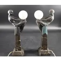 Untitled by Max Le Verrier, Pair of Art Deco Table Lamps spelter, Belgian marble, craquelure glass, signed on backs, sold Mar 2023