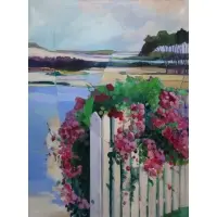 E. Diamond, Pink Roses on a Picket Fence, Large oil on canvas