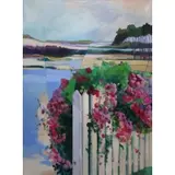 E. Diamond, Pink Roses on a Picket Fence, Large oil on canvas