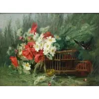 André Benoît Perrachon, Basket of Flowers with Bird, Oil on canvas