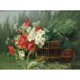 André Benoît Perrachon, Basket of Flowers with Bird, Oil on canvas
