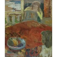 Marthe Rakine, Red Table Scene, Oil on board