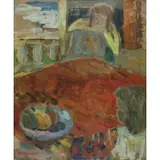Marthe Rakine, Red Table Scene, Oil on board