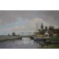 Anton Rutgers, Harbor with windmill, Oil on canvas