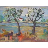 Molli Chwat, Trees at river, Gouache on paper