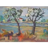 Molli Chwat, Trees at river, Gouache on paper