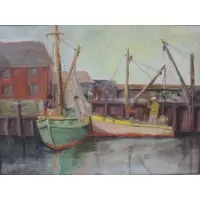 Emile Albert Gruppe, Docked sailboats, Oil on board