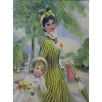 John Strevens, Edwardian Lady and young girl at a park, Oil on canvas
