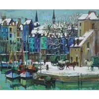 Jean Monneret, Harbor Scene, Oil on canvas