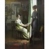 Lucien Barbut, Interior Scene with Two Women by Window, Oil on canvas