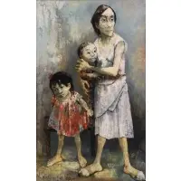 Jean Jansem, Mother and Children, Large oil on canvas