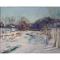 Winter Landscape with stream by Walter Emerson Baum, Oil on board, sold Nov 2022
