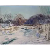 Walter Emerson Baum, Winter Landscape with stream, Oil on board