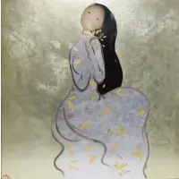 Quan Dinh, Girl with Leaves, Lacquer and gold foil on panel
