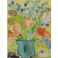 Lucie Valore, Floral still life with dog, Oil on board