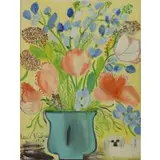 Lucie Valore, Floral still life with dog, Oil on board