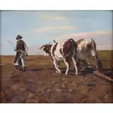 Dénes Csánky, Farmer with Oxen, Oil on panel