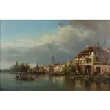 Charles Kuwasseg, Alpine town on the water, Oil on canvas