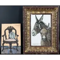 Dog on chair and Donkey by Keith Ingermann, Both oils on board, sold Oct 2022