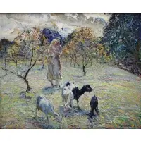 John Edward Costigan, Woman and Child with Goats in a Field, Oil on canvas
