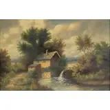 Gérard Gasiorowski, Cottage with Watermill, Oil on Canvas