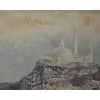 Caroline Leeds, Acropolis with cityscape, Oil on canvas