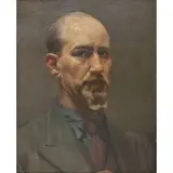 Arnold Auerbach, 42 to top left. Self-portrait. From a Brooklyn, NY estate. Dimensions: 19, Oil on Board