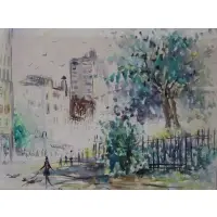 Robert Patterson, Man walking a dog, Watercolor on paper