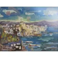Fein Tiberias, Harbor Scene, Gouache