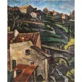 Olive Chaffee, Homes and bridge, Oil on canvas