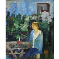 Edouard Ruga, Lady in blue, Oil on board