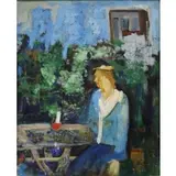 Edouard Ruga, Lady in blue, Oil on board
