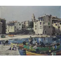 Dock Scene by Maurice Lagendre, Oil on canvas, sold Nov 2022