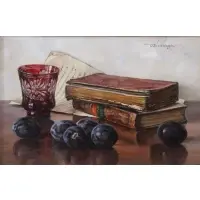 Oswald Eichinger, Still life with plums, Oil on board