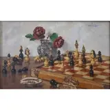 Oswald Eichinger, Still life with chess game, Oil on board