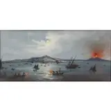 G. Gianni, Napoli, Harbor Scene with Volcano, Gouache