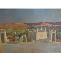 Arab Landscape by Maurice Bouville, Oil on Board, sold Aug 2022